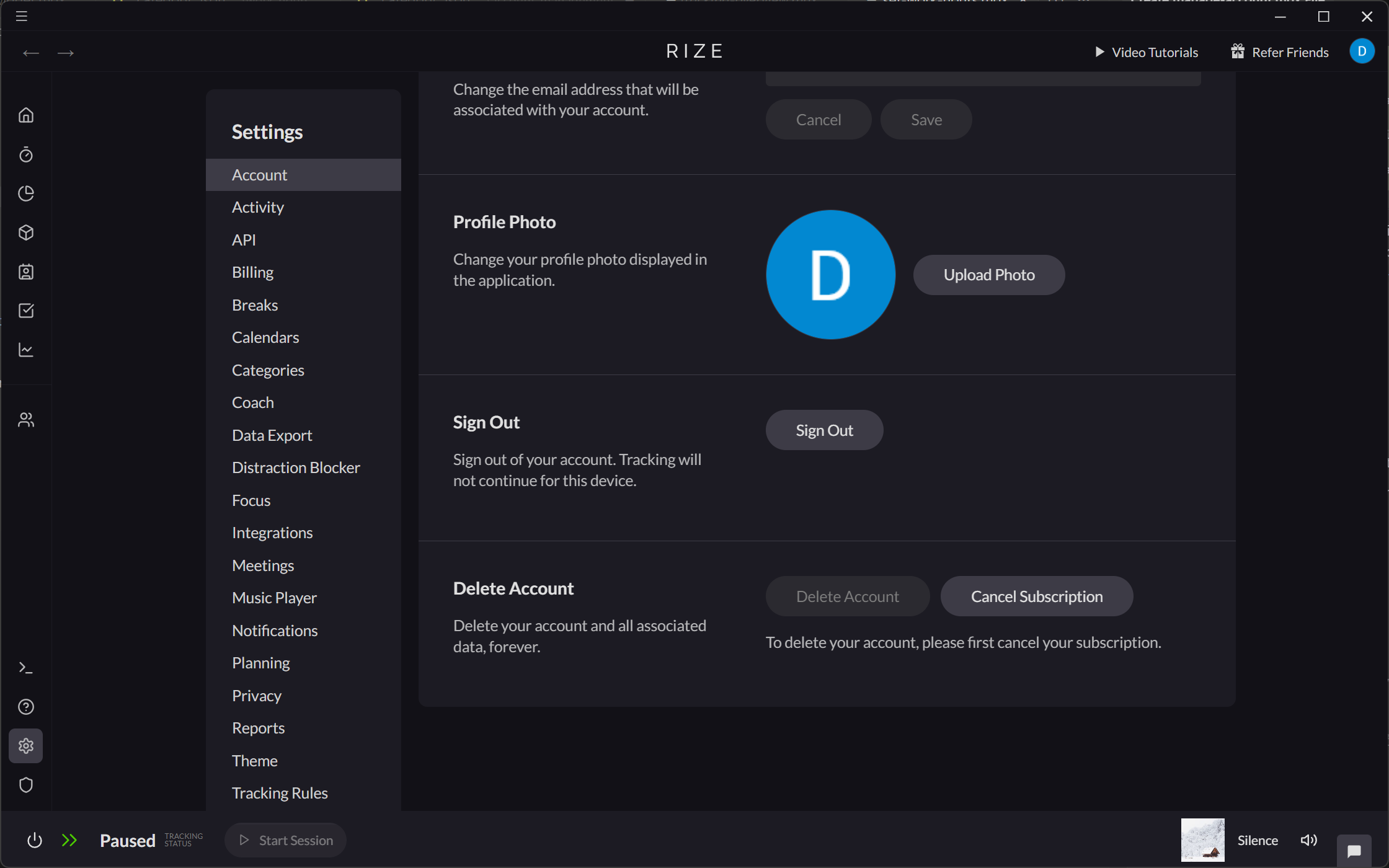Screenshot showing the Account Profile sign out