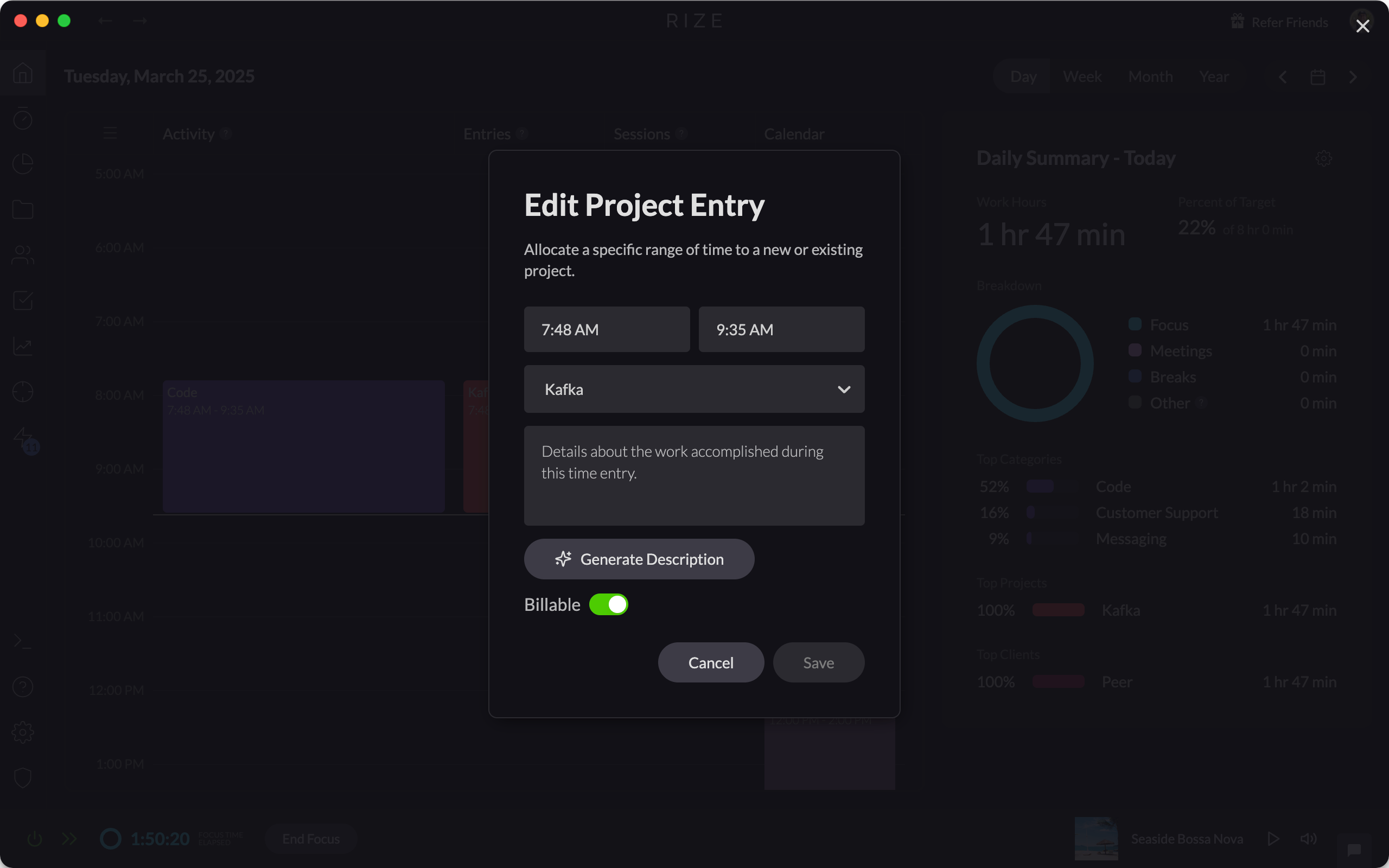 Screenshot showing how to toggle billable status for a time entry