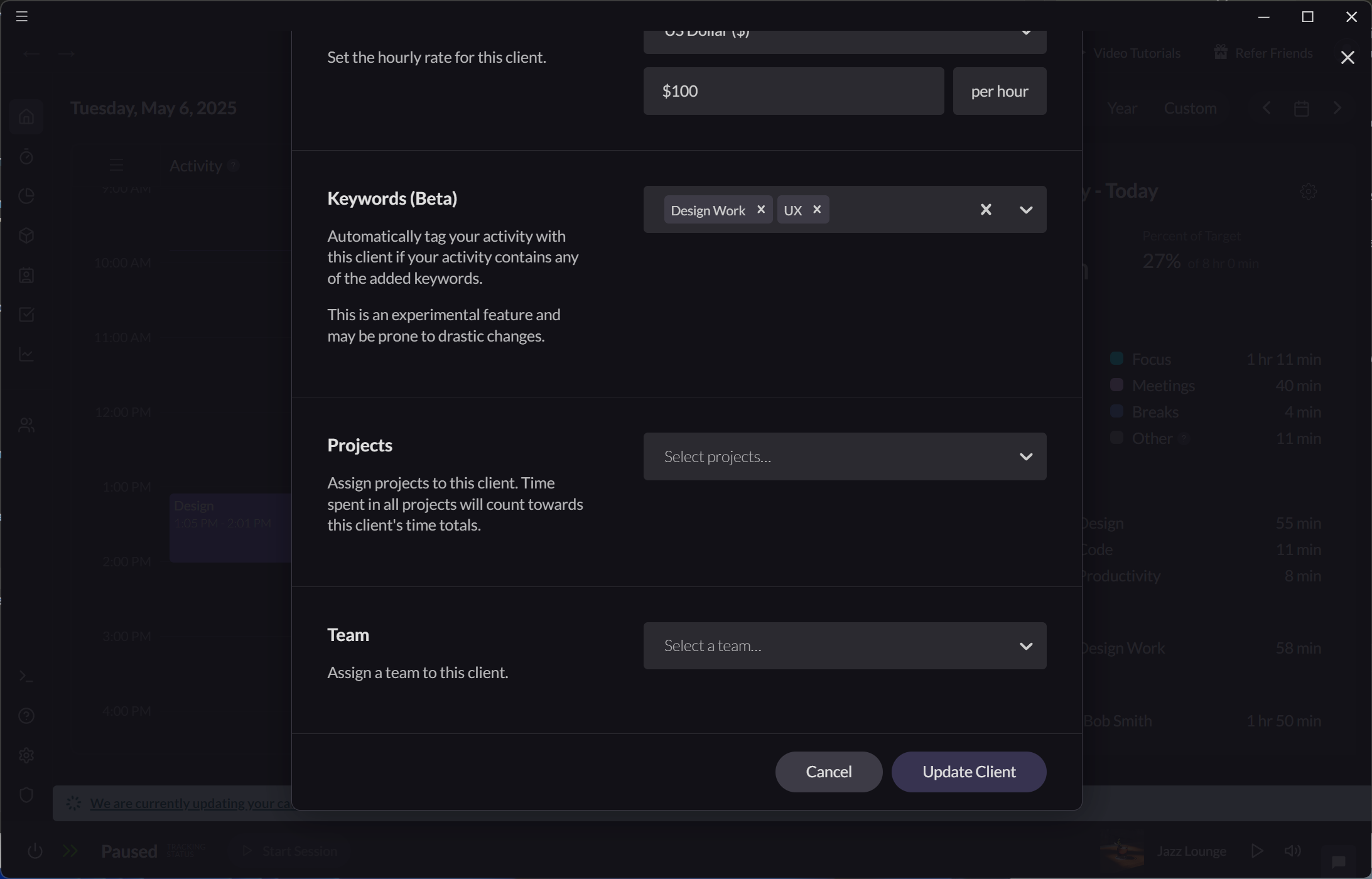 Screenshot showing setting to assign time using keywords