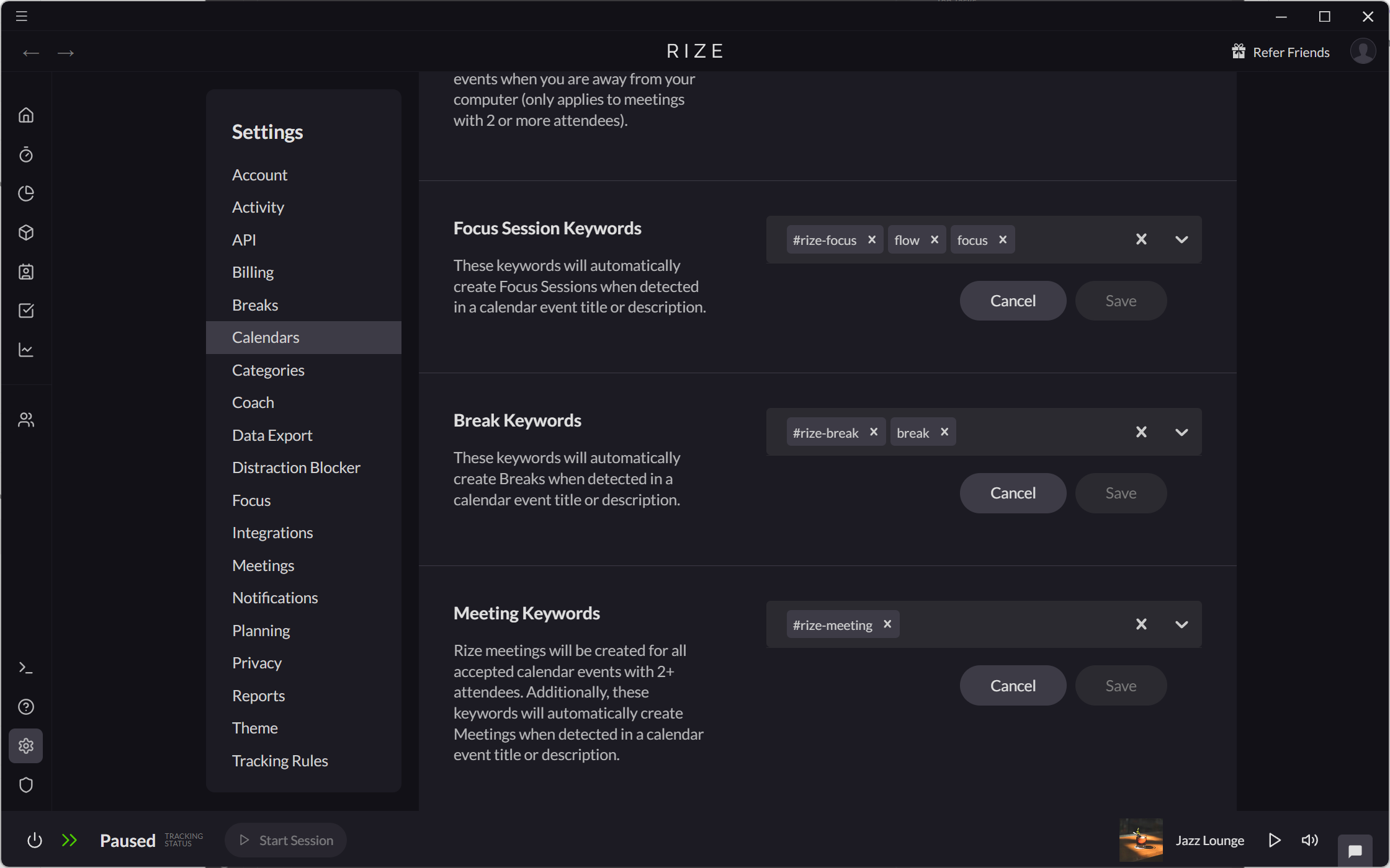 Screenshot showing settings for Focus Session keywords