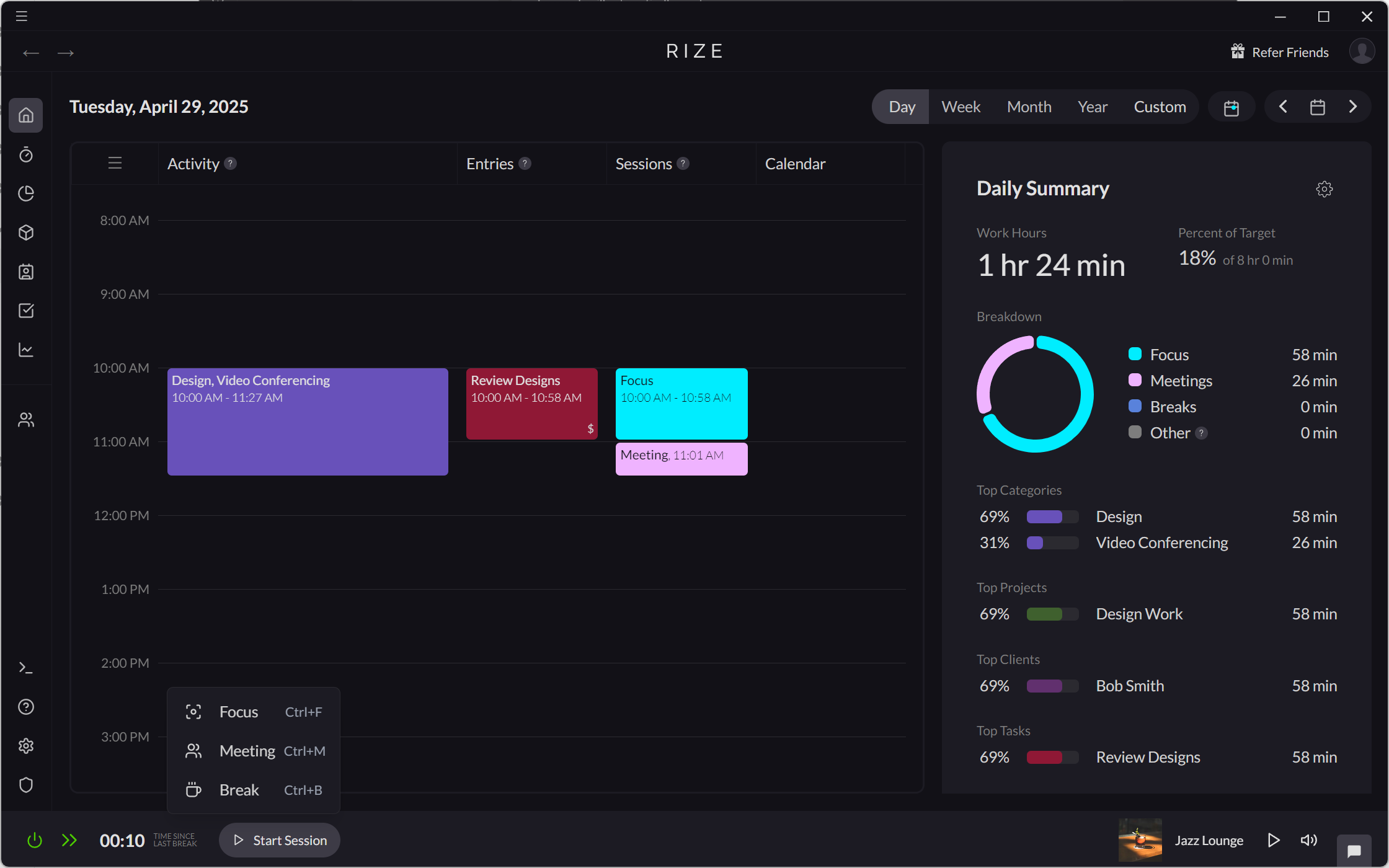 Screenshot showing how to create a Focus Session with the Start Session button