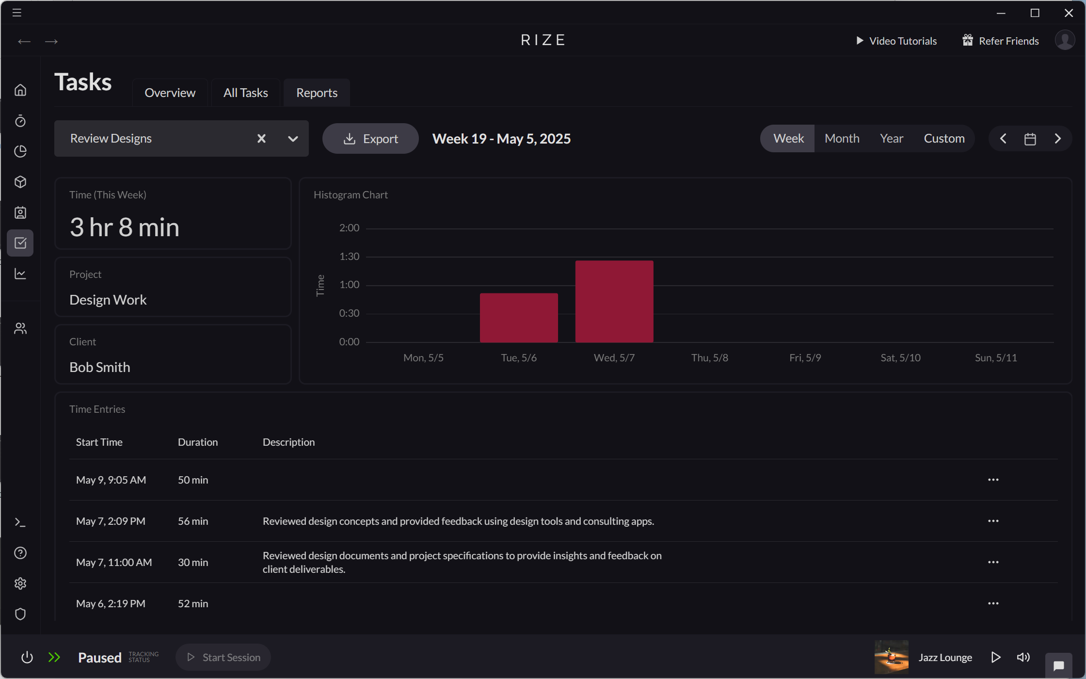 Screenshot showing the Tasks Report interface in Rize