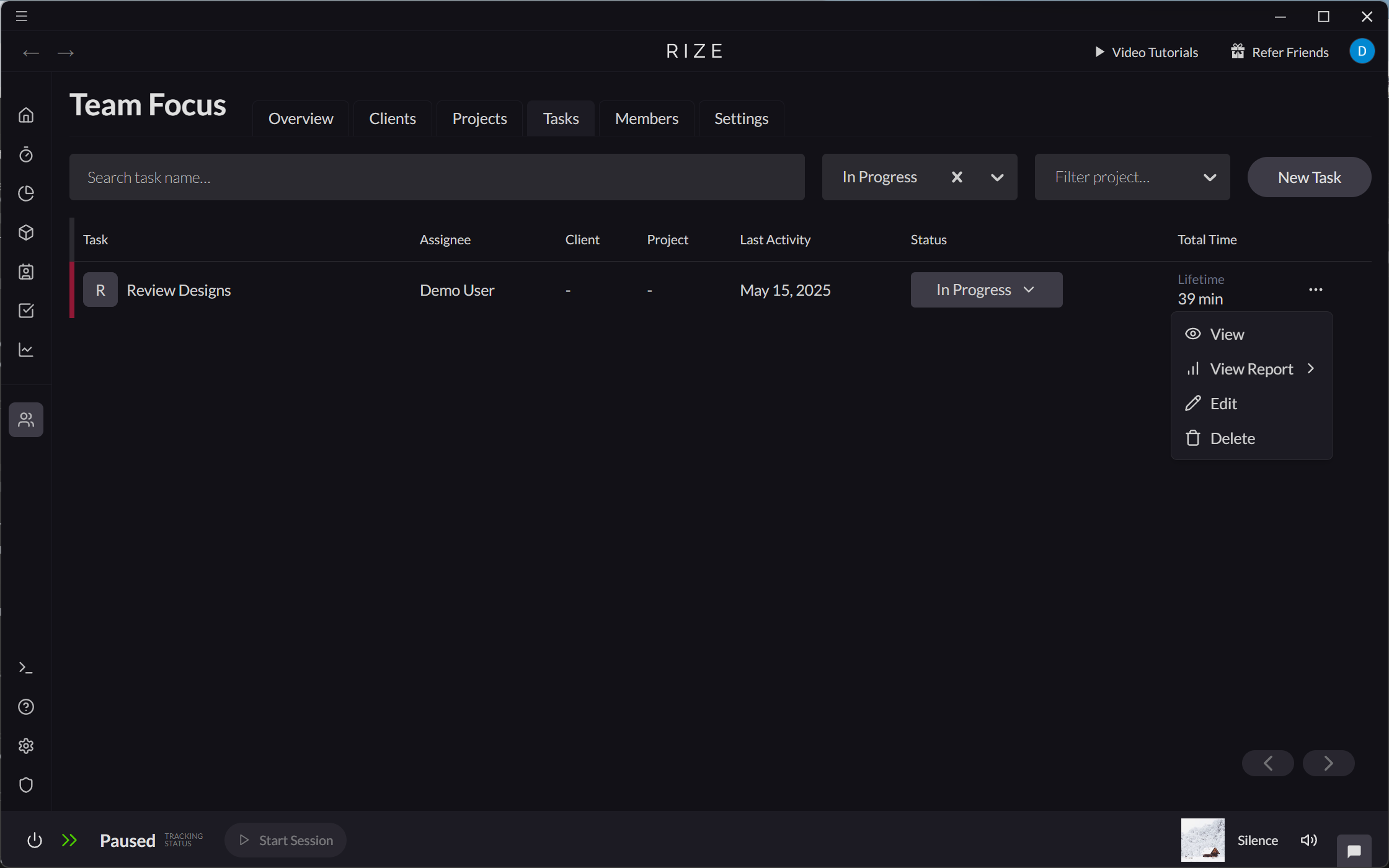 Screenshot showing Team Tasks row menu